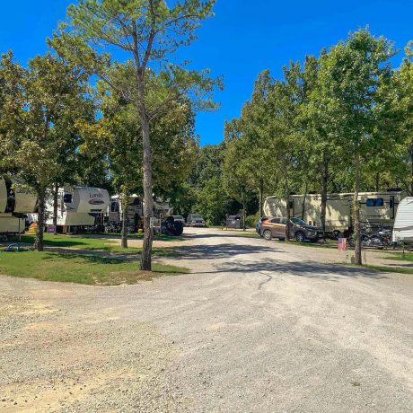 parked rvs in grassy lots surrounded by trees